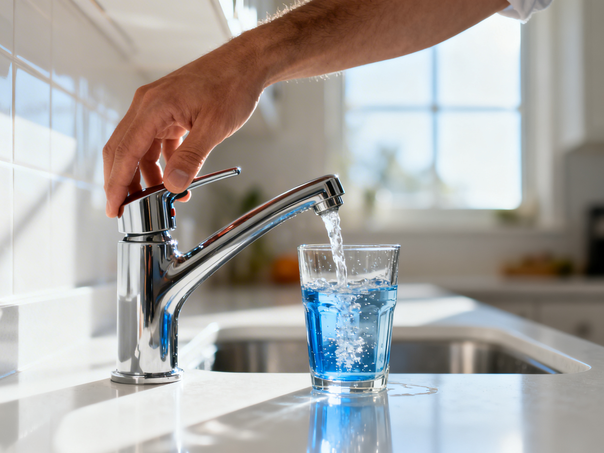 Clean filtered water flowing from kitchen faucet into glass on white countertop