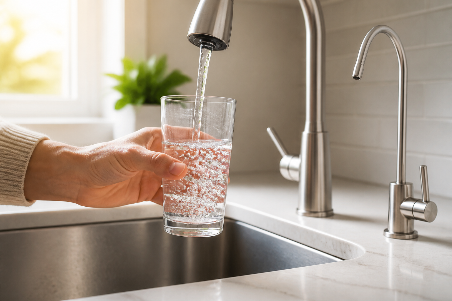 Filtered well water filling a drinking glass at a kitchen faucet