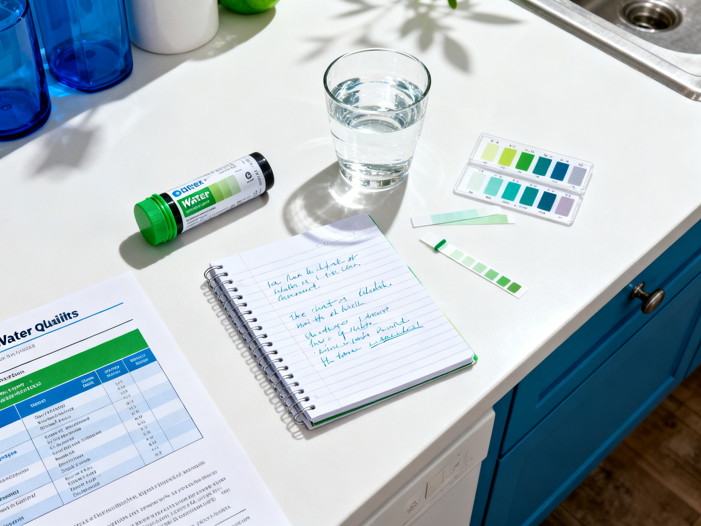Home water test kit with color strips and water quality report on kitchen counter