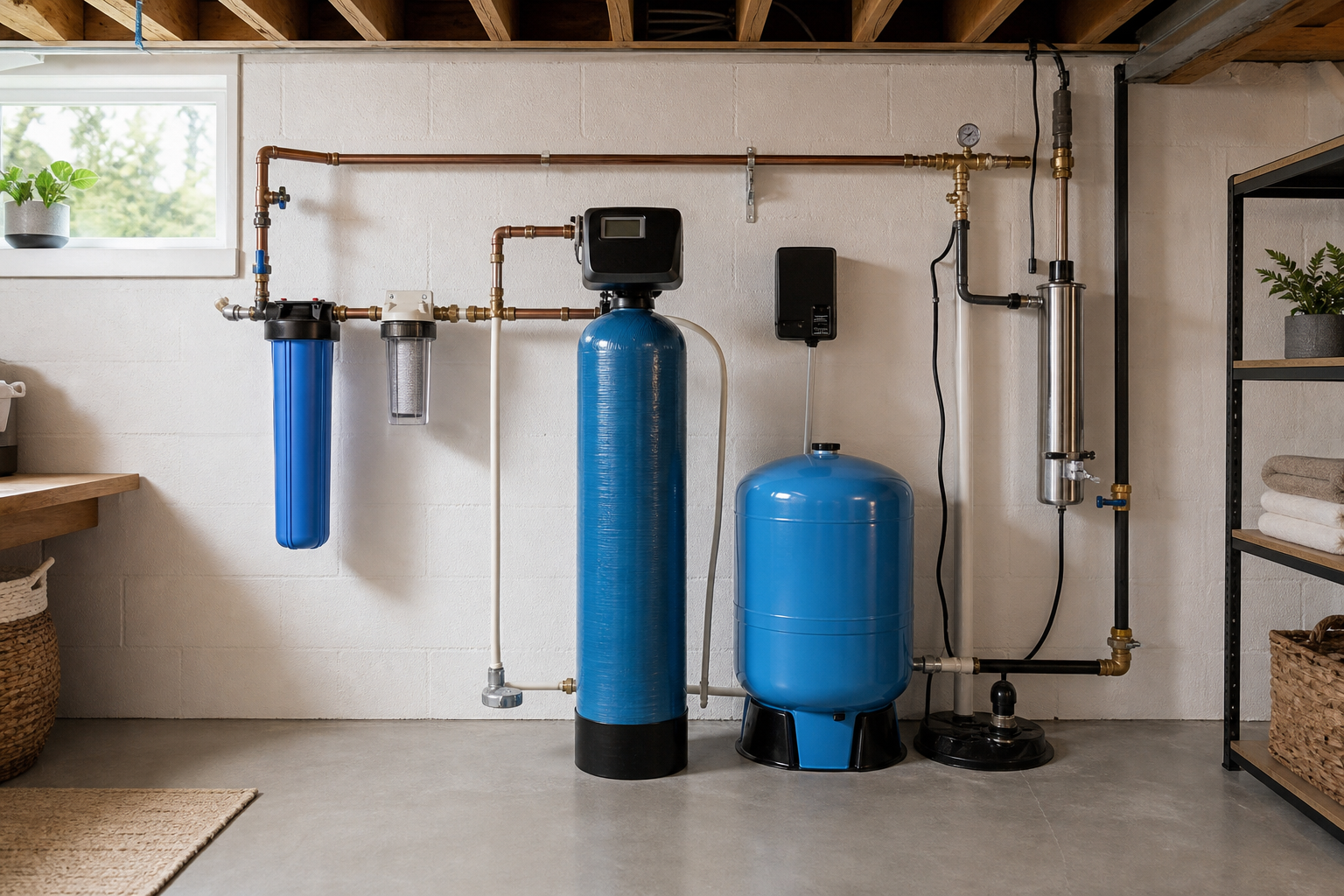Whole house well water filtration system in a basement utility area