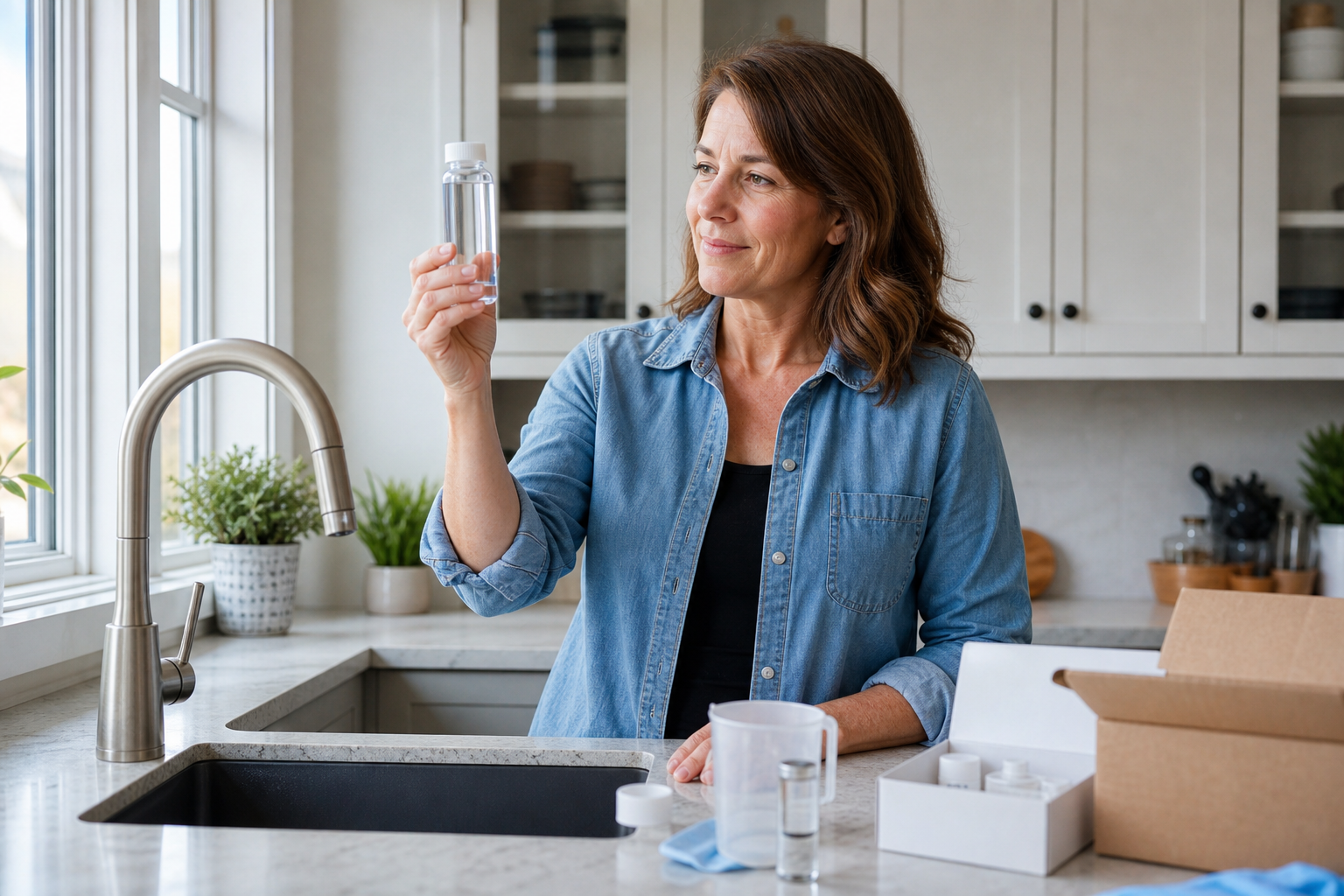 Homeowner checking a well water testing sample near a kitchen sink