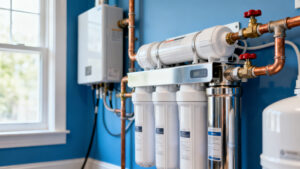 Whole house water filter system installed in a home utility area