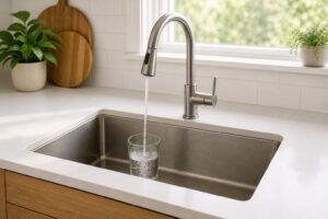 Filtered drinking water filling a glass at a modern kitchen faucet