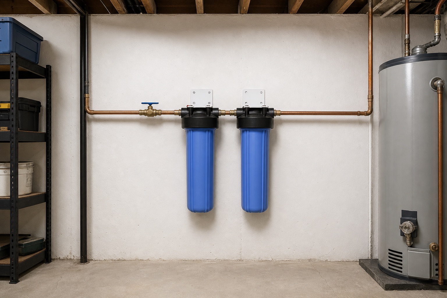 Whole-home water filtration system connected to residential plumbing