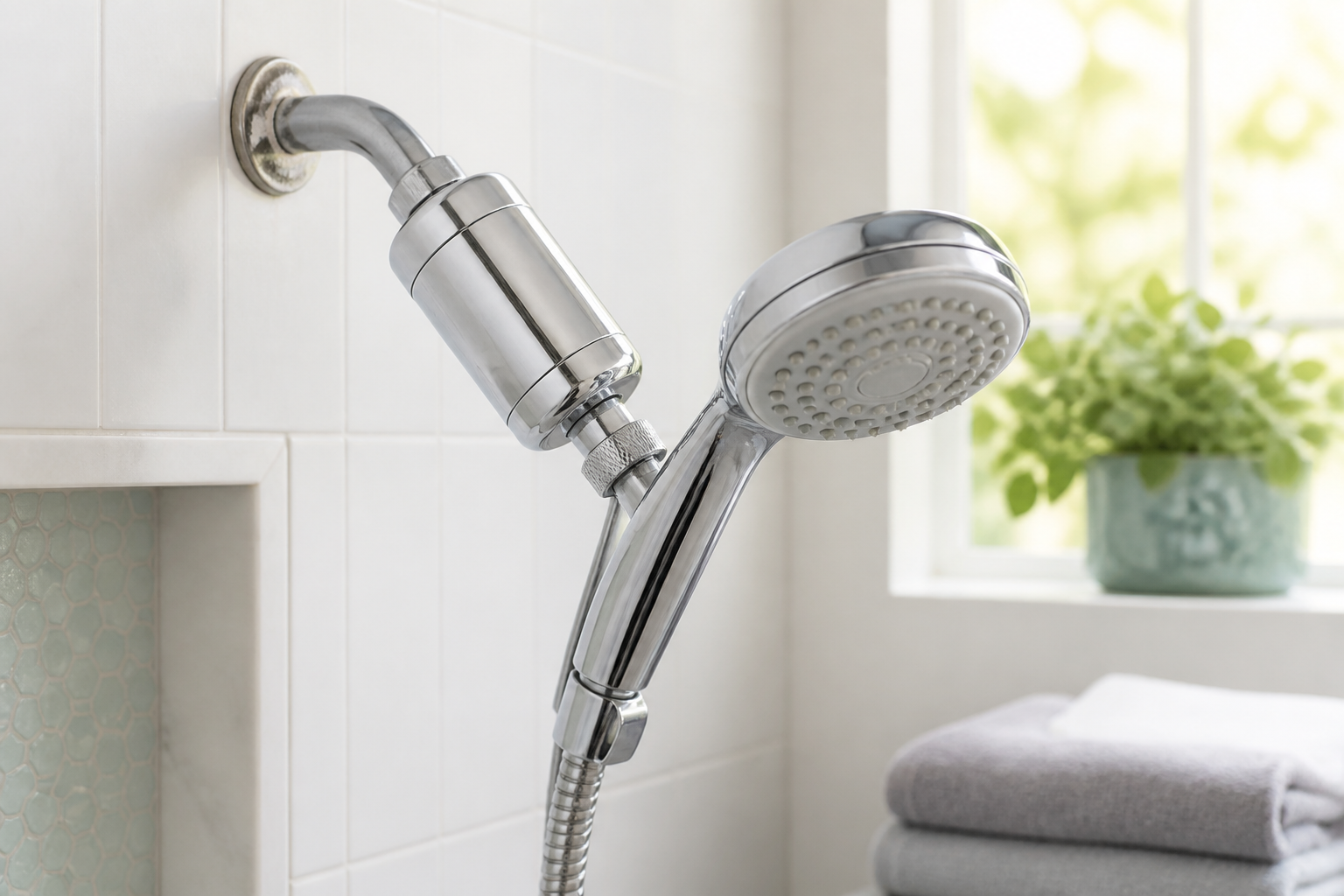 Inline shower filter installed on a clean residential shower fixture
