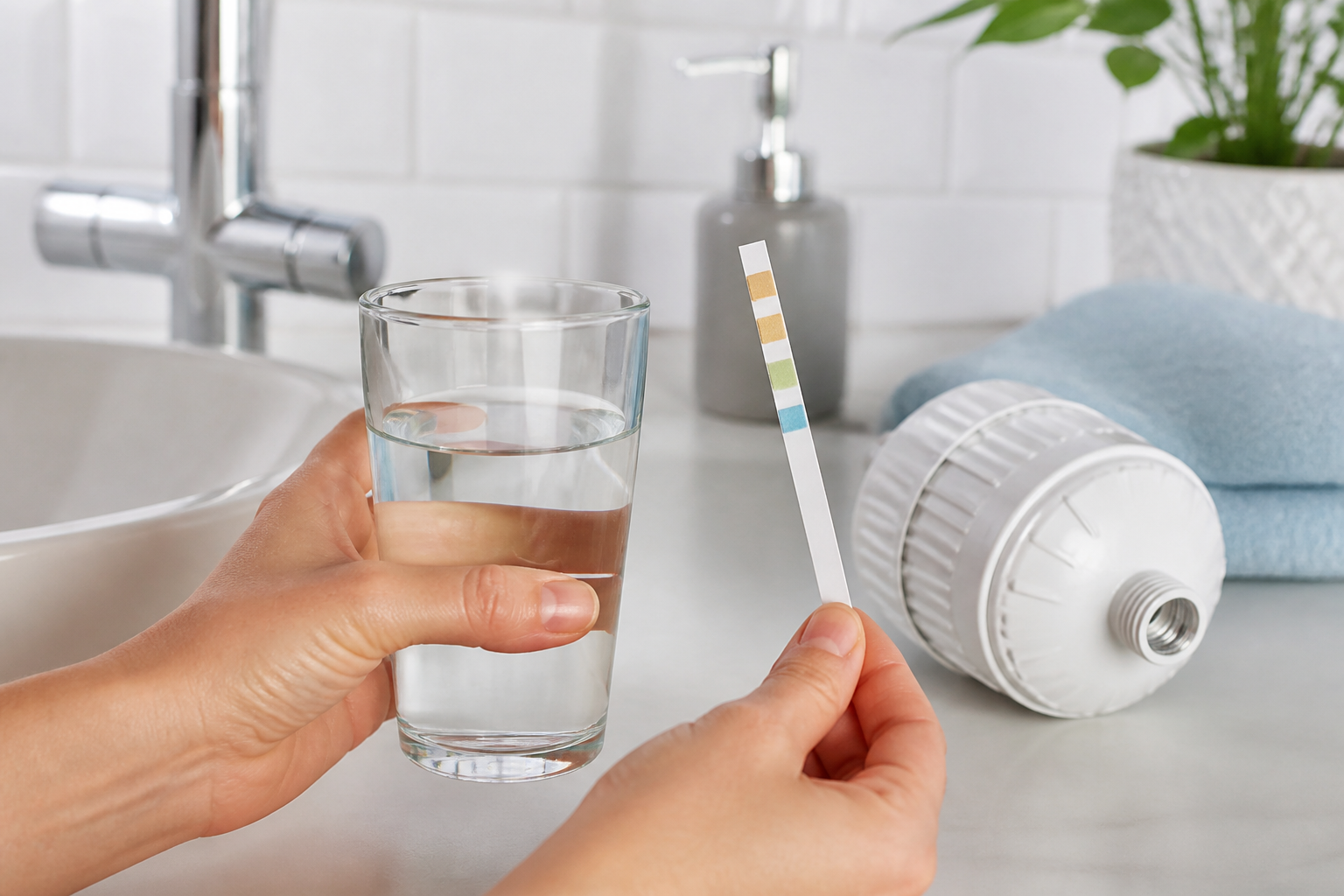 Water-hardness test strip beside tap water and an unbranded shower filter cartridge