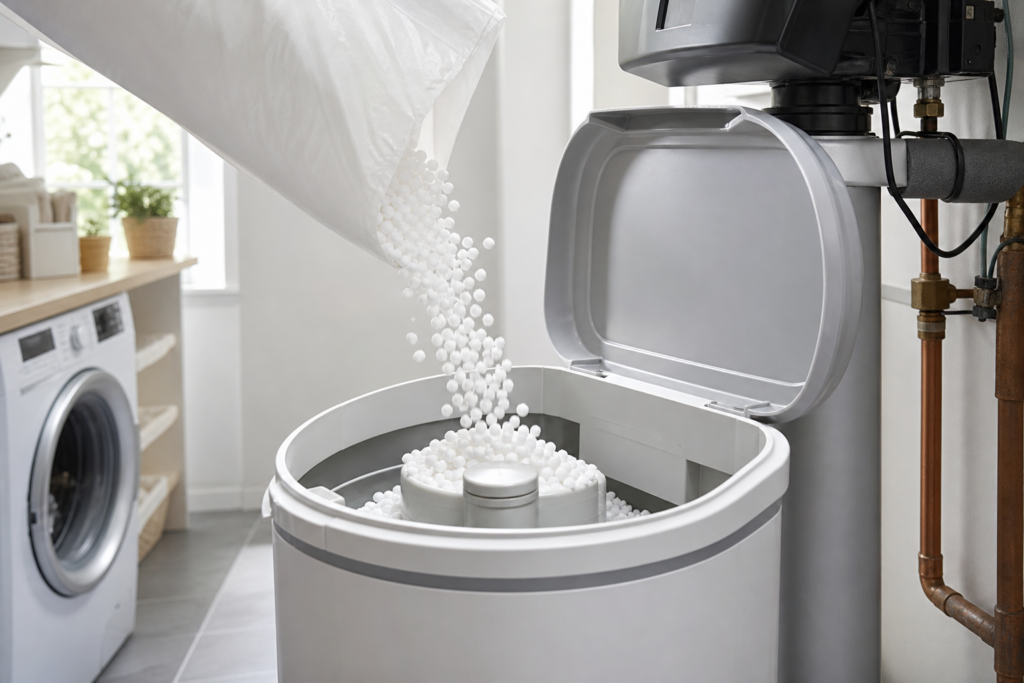 White water-softener pellets being added to a residential brine tank