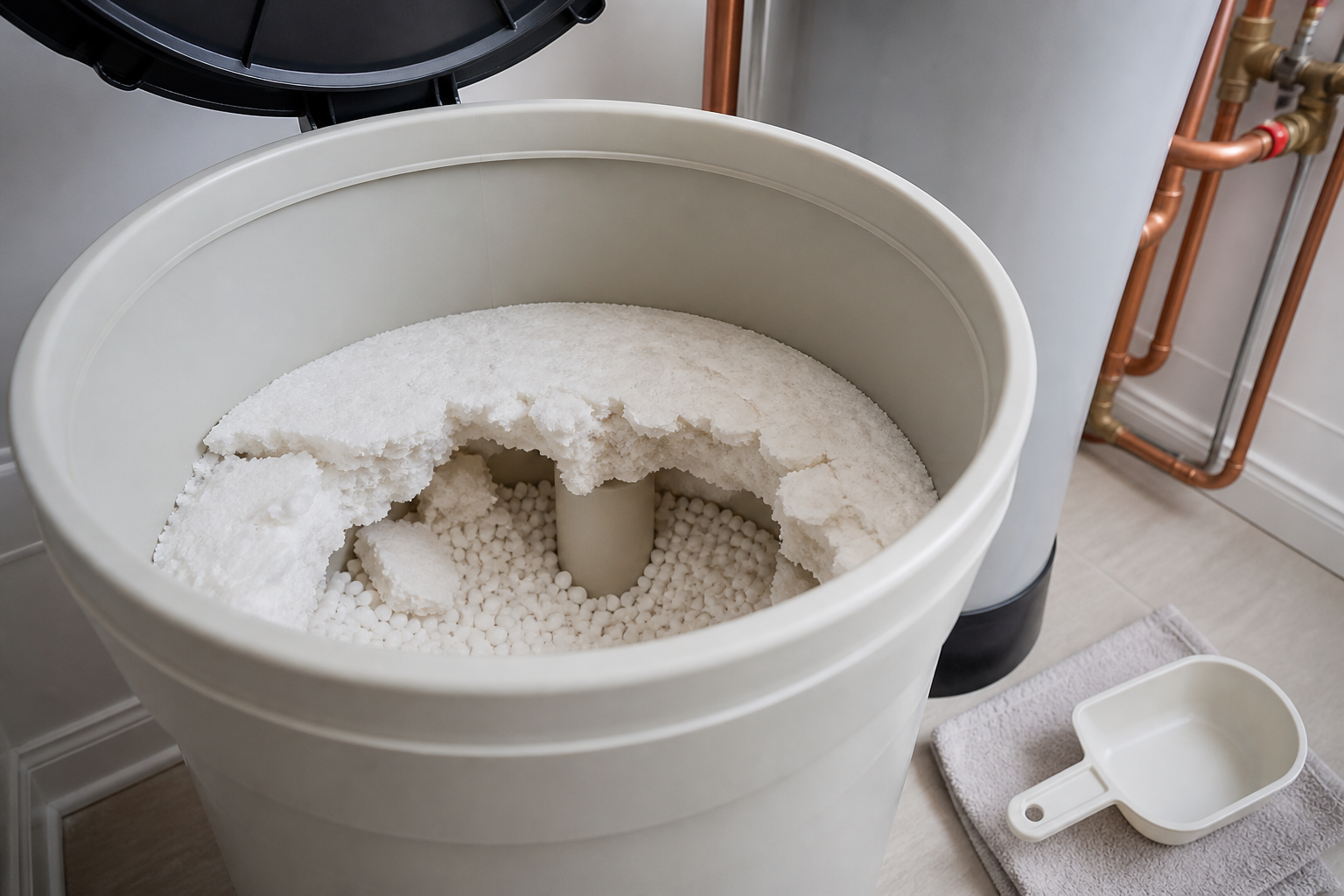 Salt bridge above pellets inside a residential water-softener brine tank