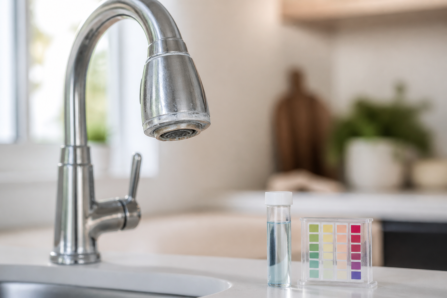 Mineral scale on a kitchen faucet beside a water hardness test