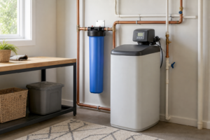 Whole-house filter and water softener beside home plumbing
