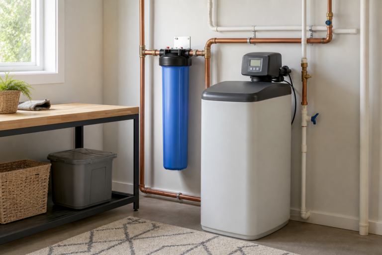Whole-house filter and water softener beside home plumbing