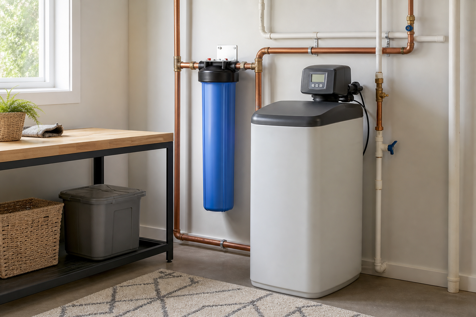 Whole-house filter and water softener beside home plumbing