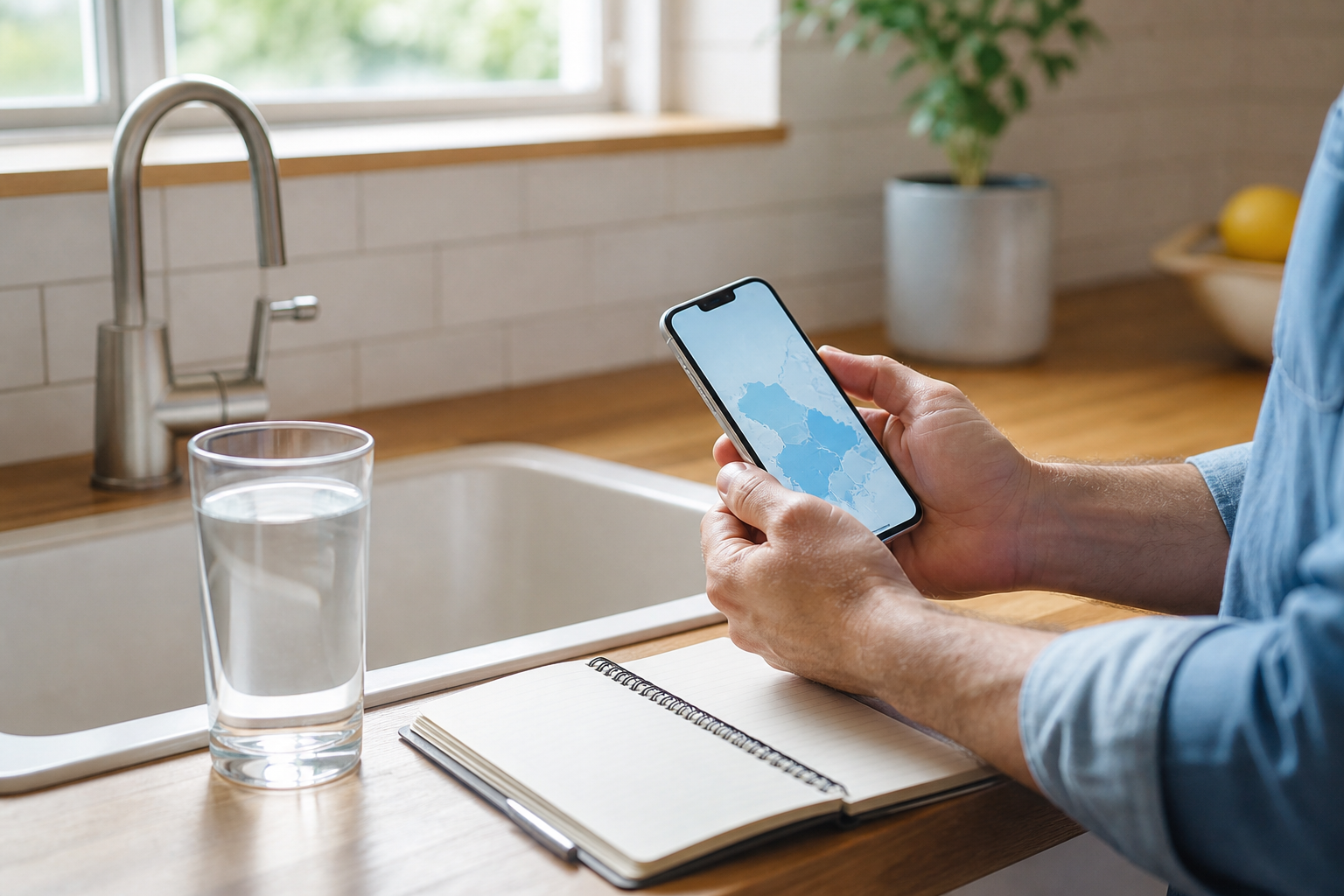 Checking local water hardness information by ZIP code at a kitchen sink