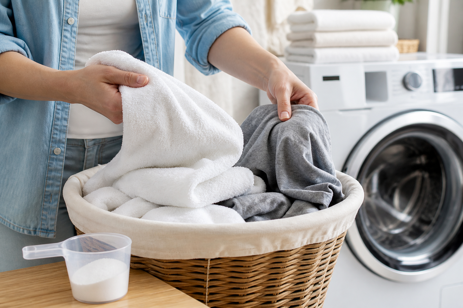 Hands sorting white towels and gray clothes beside an unbranded front-loading washer and measuring scoop