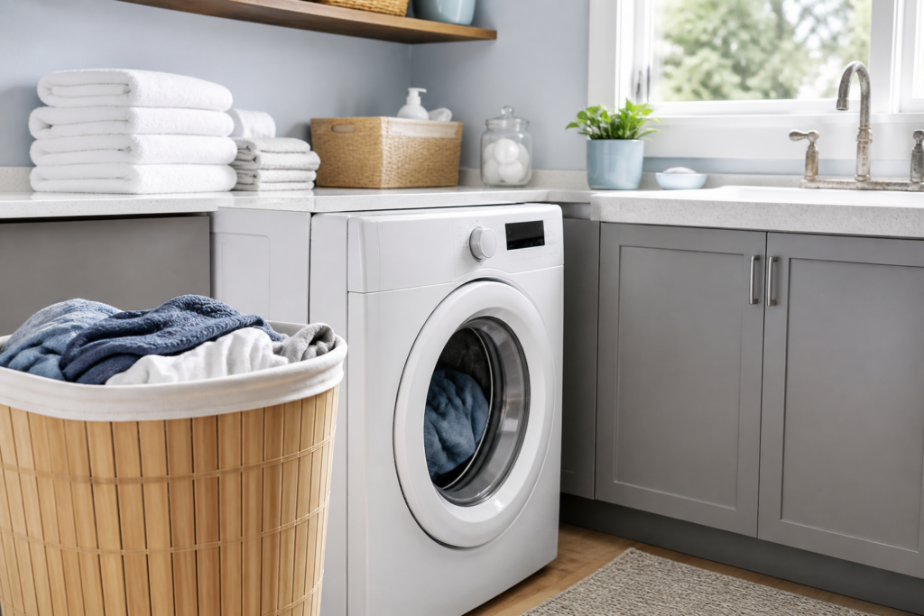 Bright home laundry room with a front-loading washer, folded towels, and light mineral scale on a utility faucet