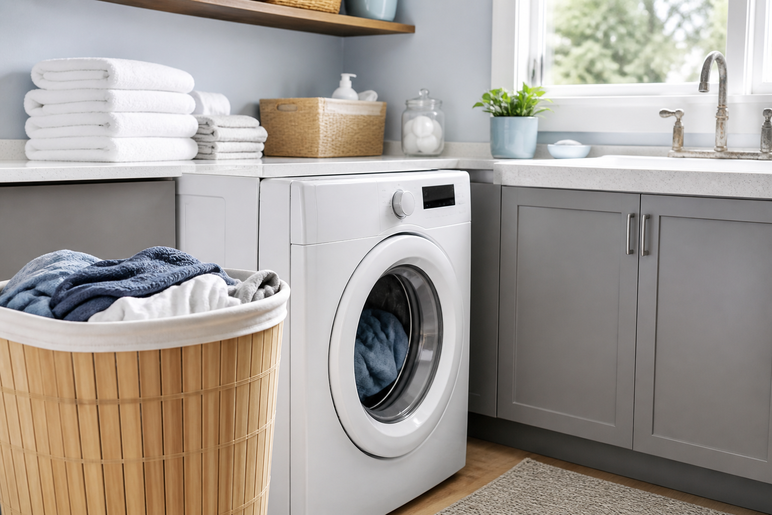 Bright home laundry room with a front-loading washer, folded towels, and light mineral scale on a utility faucet