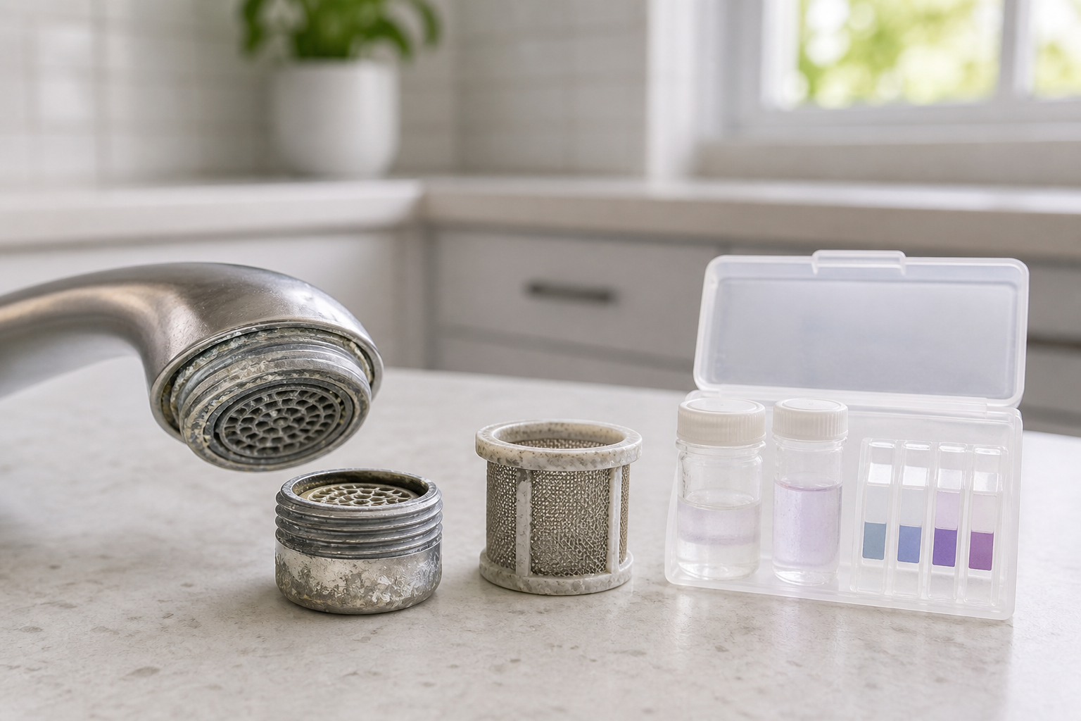 Faucet aerator and appliance inlet screen checked for hard water scale