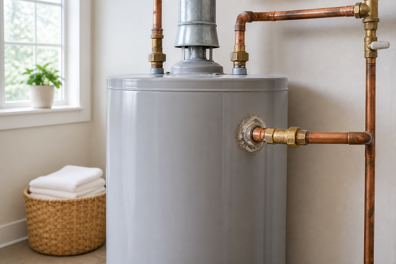 Residential plumbing near a water heater with light mineral scale on a pipe connection