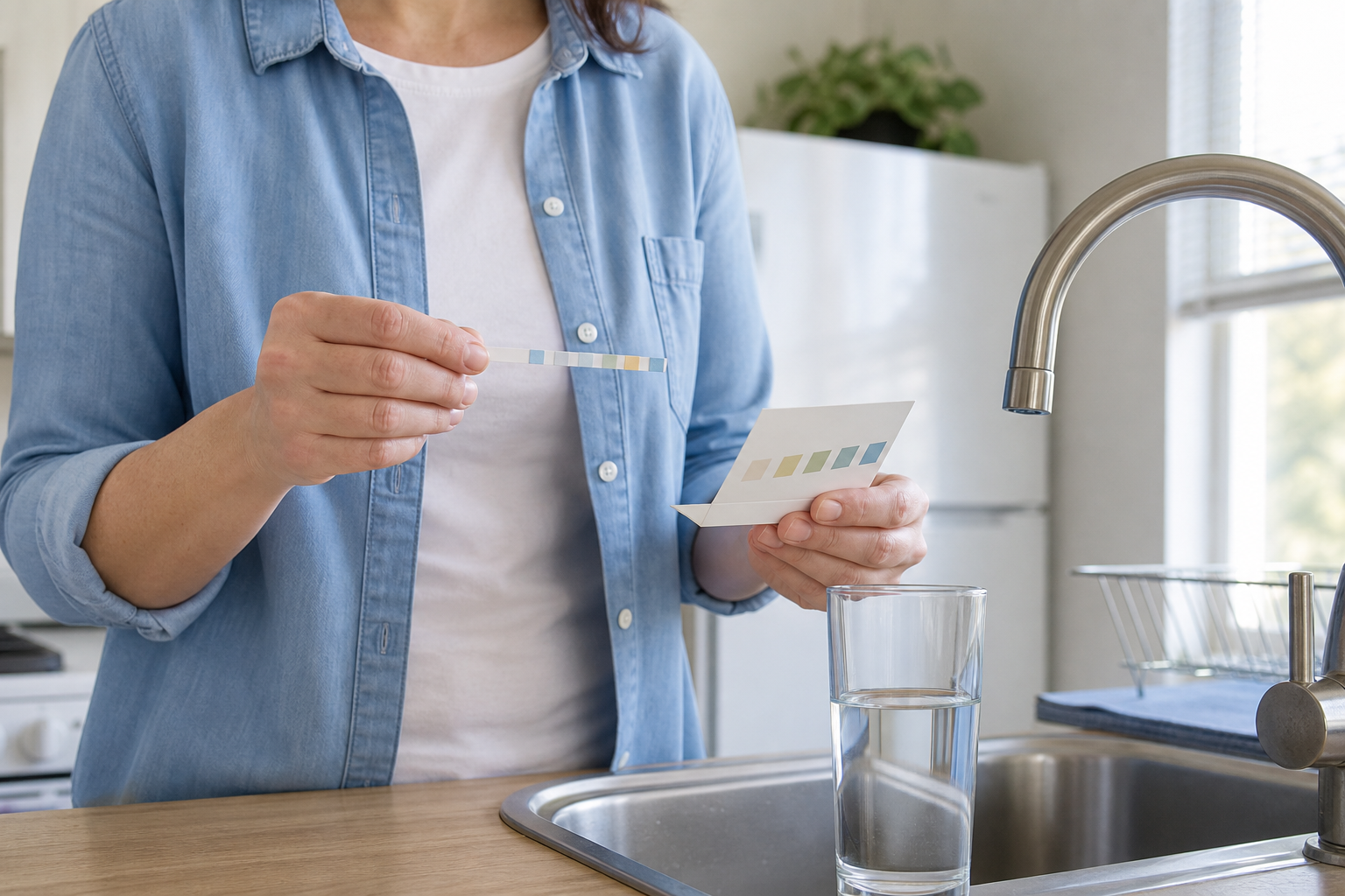 Renter checking a water-hardness test beside an apartment kitchen sink