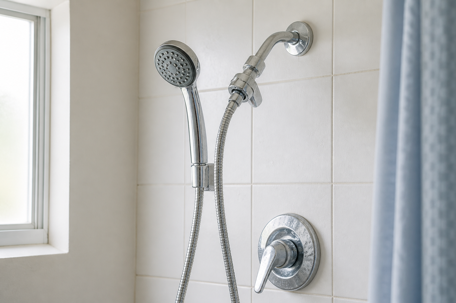 Removable shower attachment in an apartment bathroom with light mineral spotting