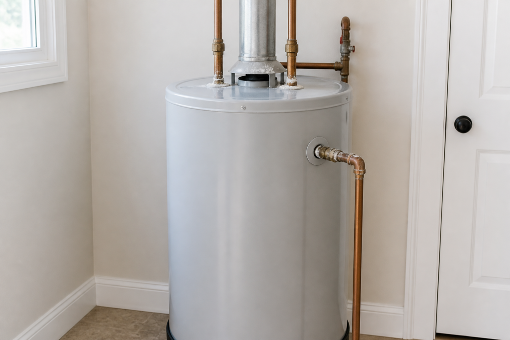 Residential water heater with light mineral scale near the connected pipes