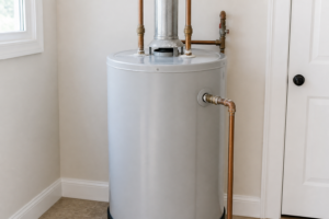 Residential water heater with light mineral scale near the connected pipes