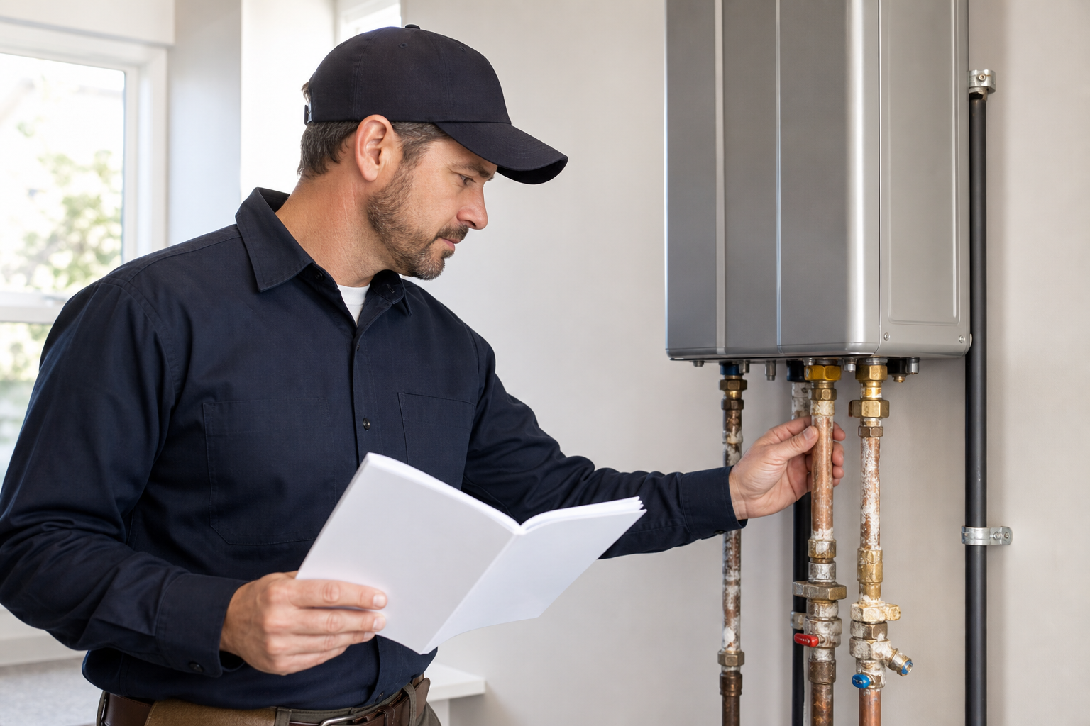 Technician checks a tankless water heater for hard water scale