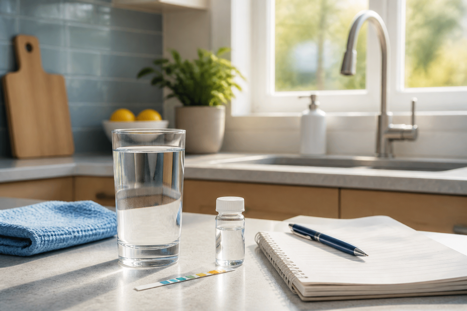 Water hardness test supplies on a bright kitchen counter