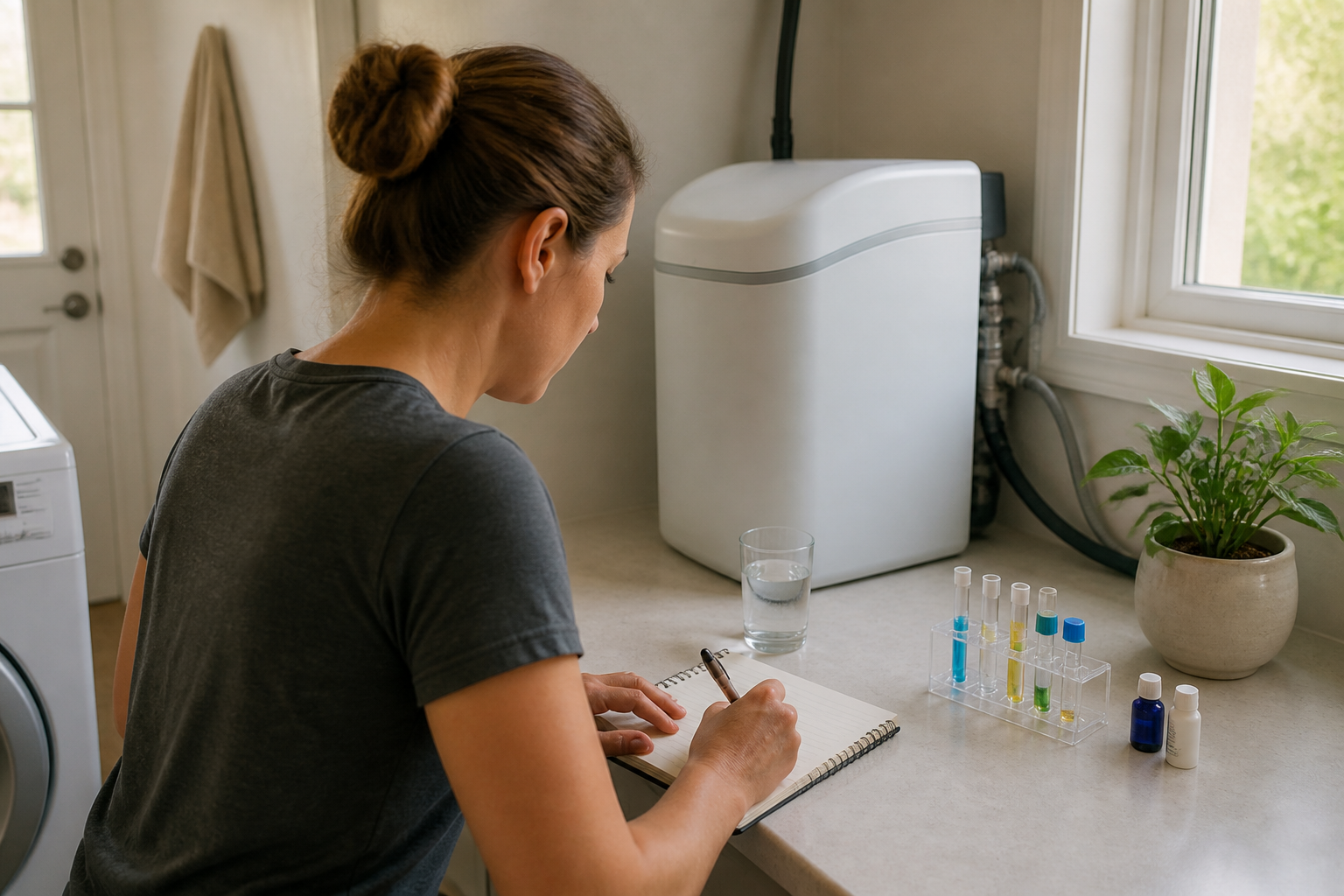 Homeowner recording a water hardness test result beside an unbranded treatment system