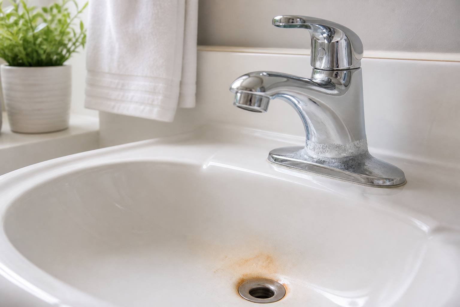 Orange-brown iron staining and pale hard-water scale on a bathroom faucet