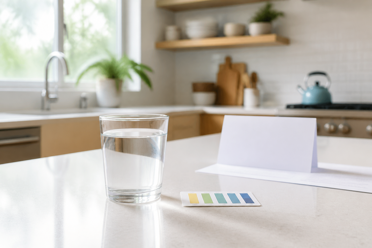 Glass of tap water and a home water hardness test on a bright kitchen counter