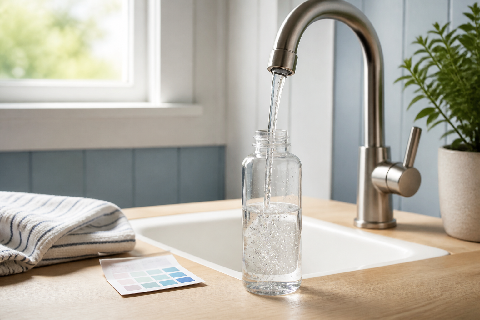 Collecting a water sample at a home tap to check water hardness and quality