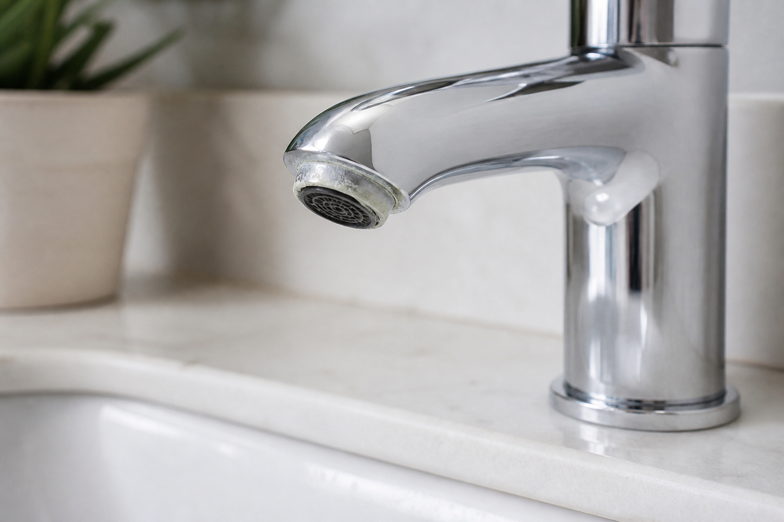 Chalky limescale around a bathroom faucet aerator from hard water
