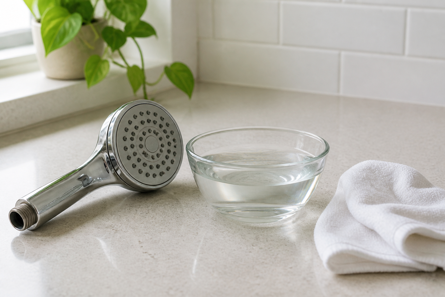 Vinegar soak setup for removing limescale from a showerhead