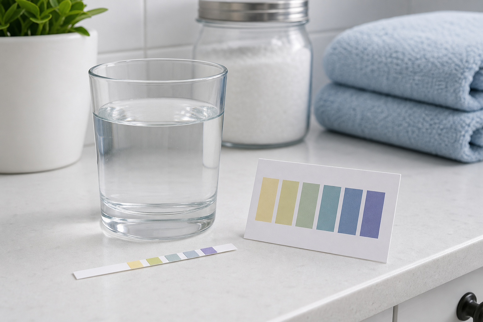 Generic water hardness test strip beside an unlabeled color-comparison card and a clear water sample