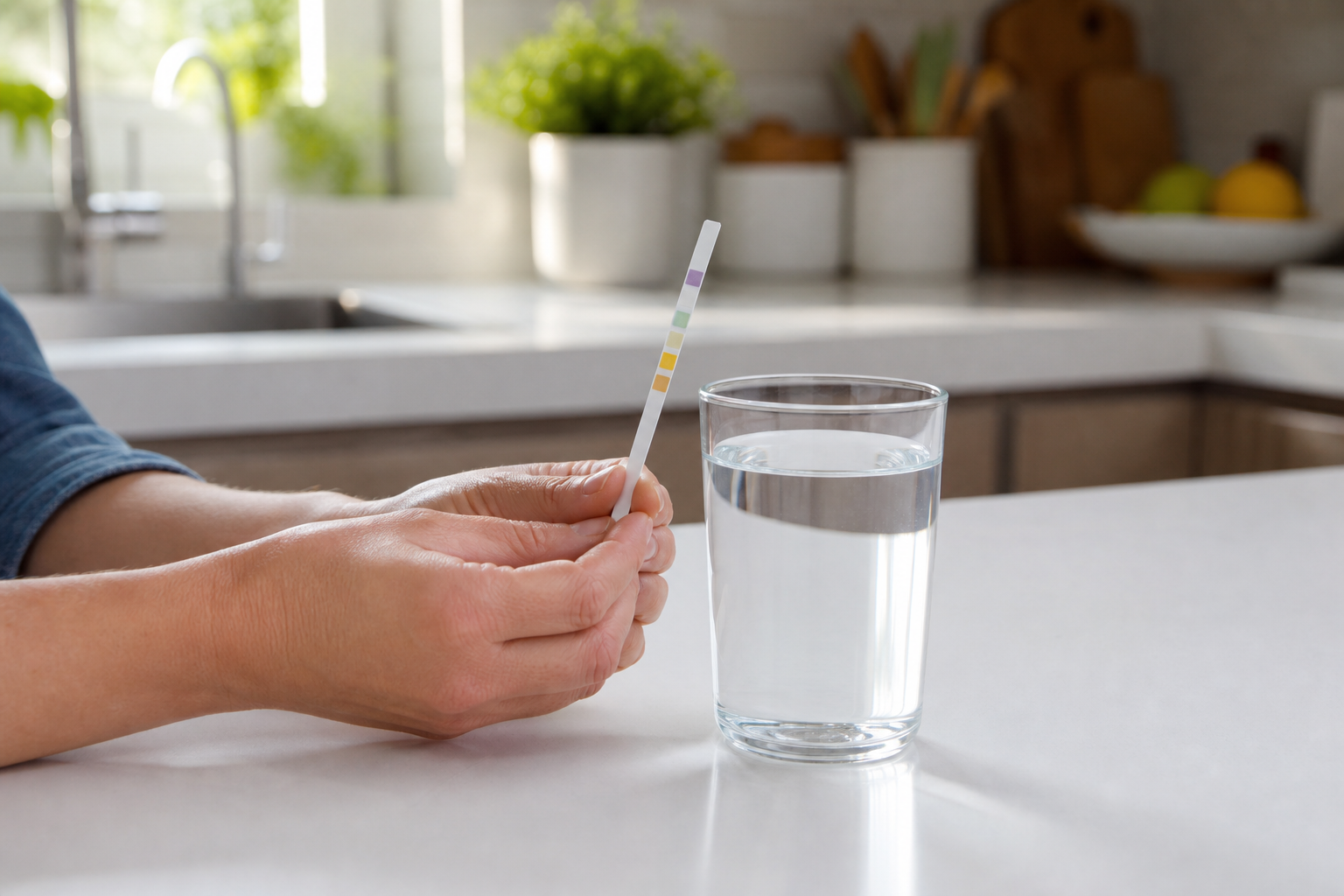 Hands holding an unbranded water hardness test strip beside a clear tap-water sample