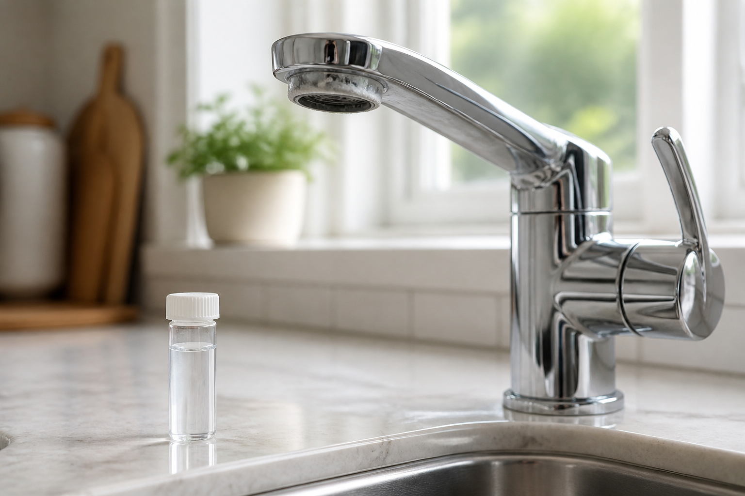 Water hardness test beside light mineral scale on a faucet