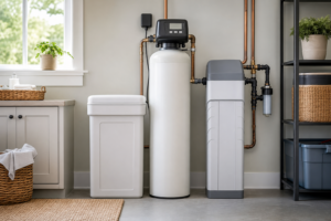 Unbranded salt-free water conditioner and water softener in a utility room