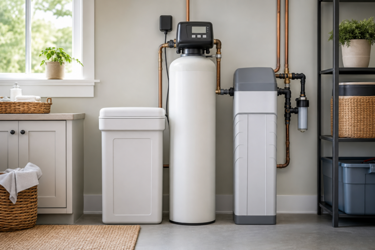 Unbranded salt-free water conditioner and water softener in a utility room