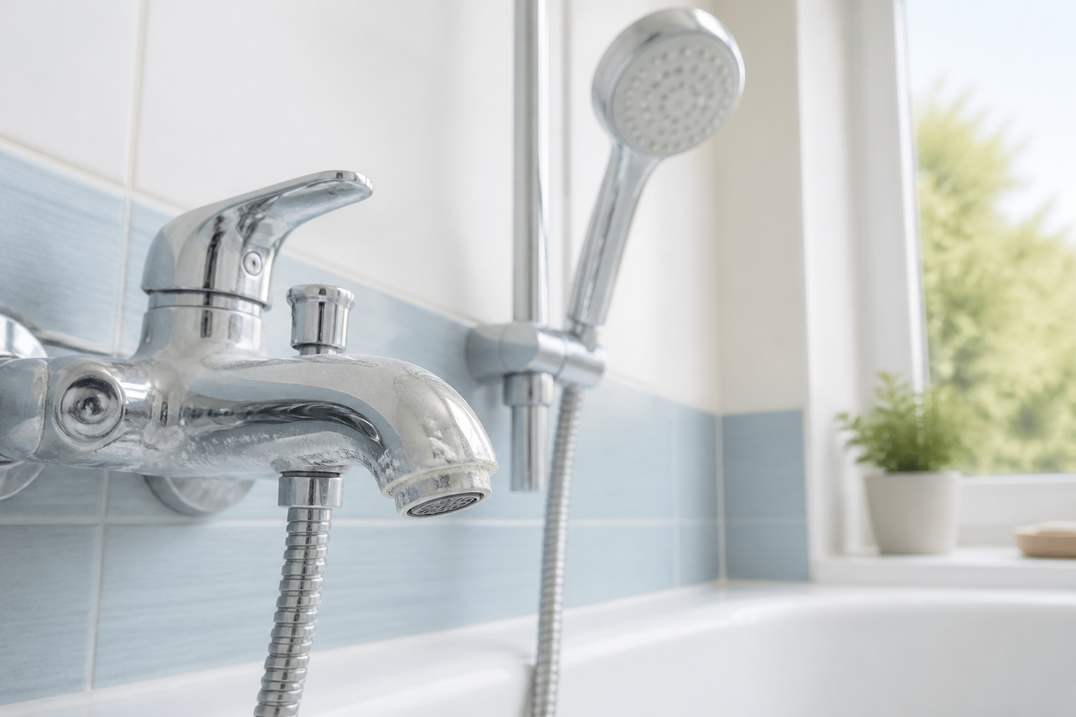 White mineral scale on a bathroom faucet, a common hard water sign