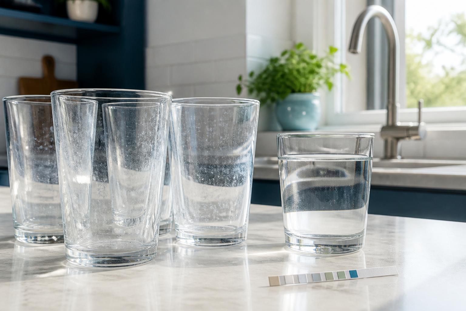 Spotty glassware and a home water hardness test on a kitchen counter
