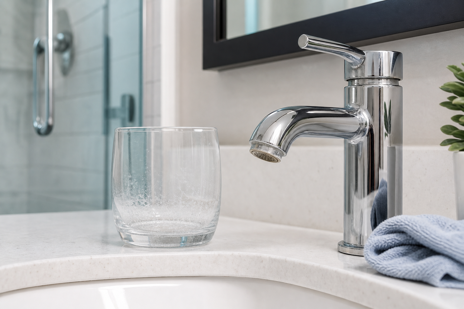 Light mineral residue on a bathroom glass and faucet can be a reason to measure water hardness