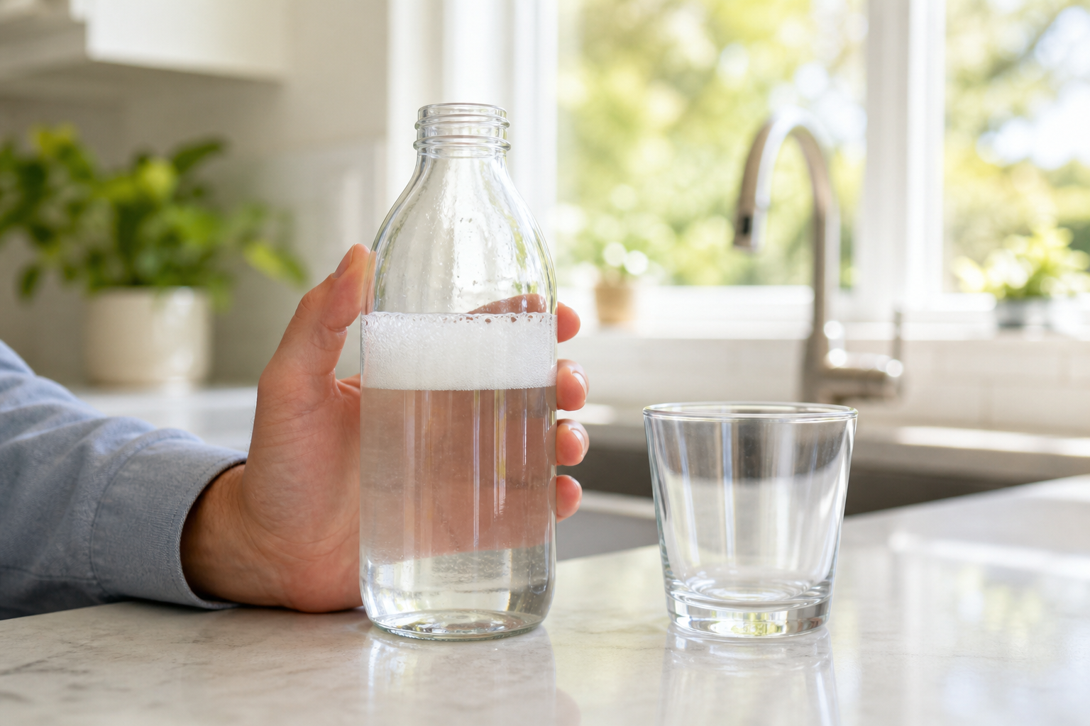 Clear bottle with water and soap lather during a home hard-water check