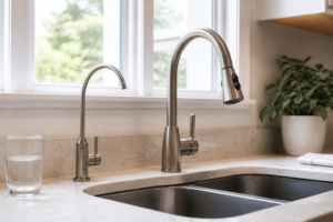 Under-sink drinking-water tap beside a hard-water kitchen faucet