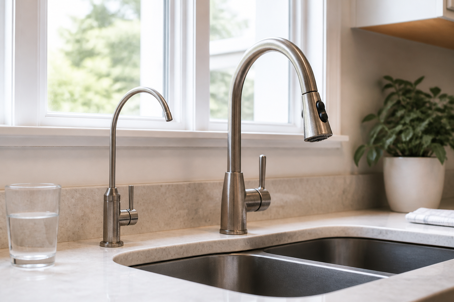 Under-sink drinking-water tap beside a hard-water kitchen faucet