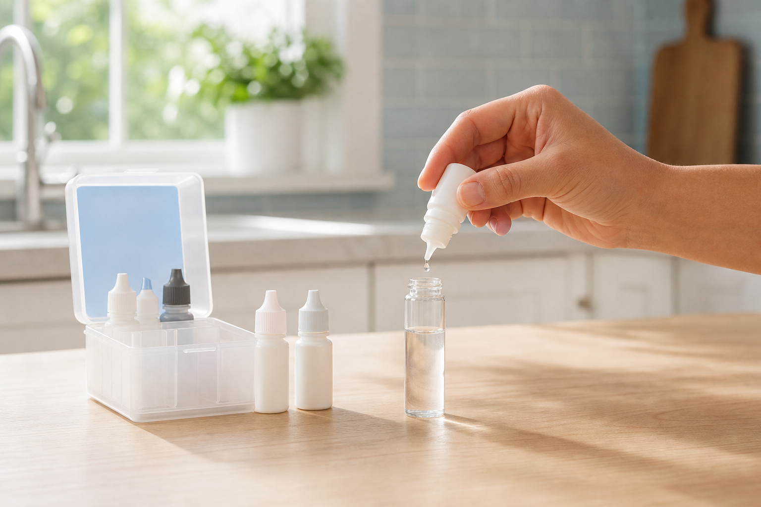 Clear water sample vial and liquid-drop hardness kit on a bright kitchen counter