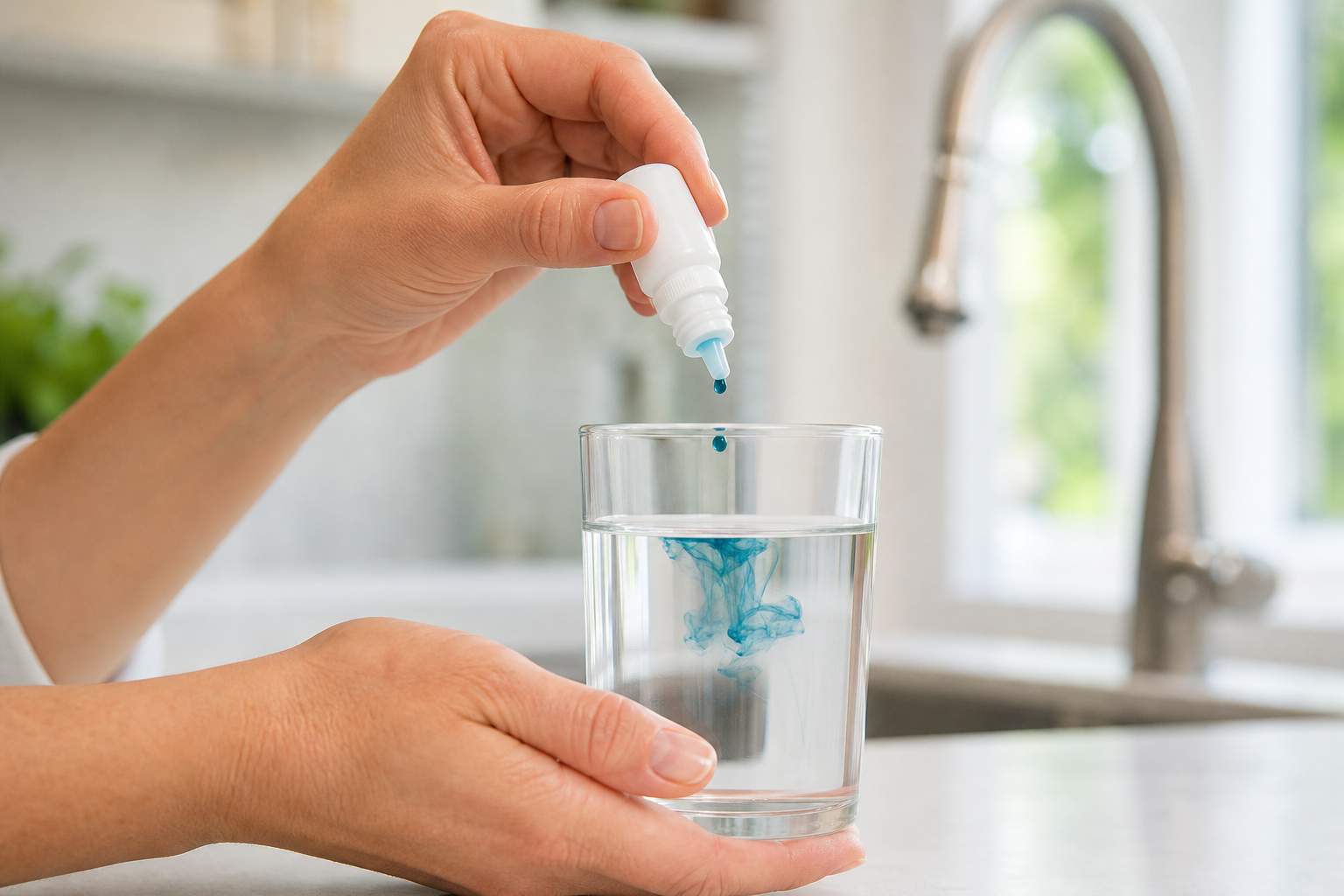 Home water sample receiving a drop from an unbranded liquid test bottle