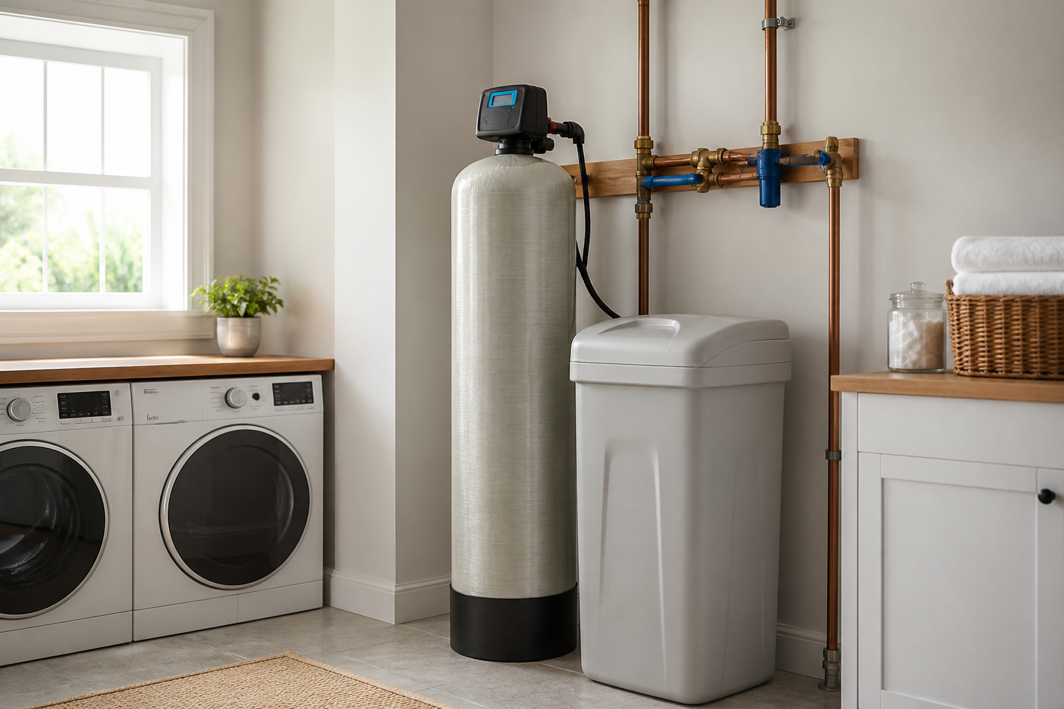 Unbranded home water softener in a bright utility room