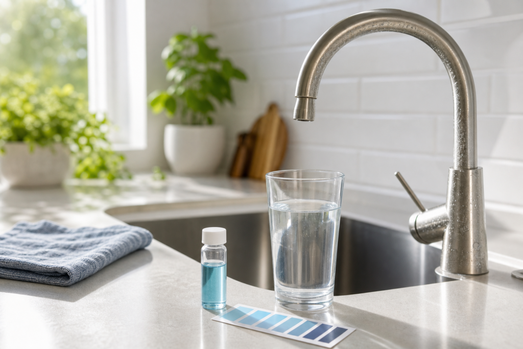 Kitchen faucet with a water sample, test vial, and hardness color strip