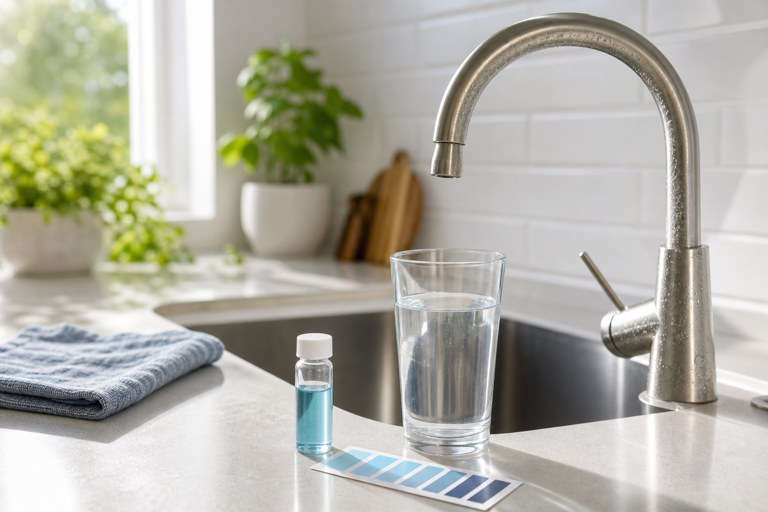 Kitchen faucet with a water sample, test vial, and hardness color strip